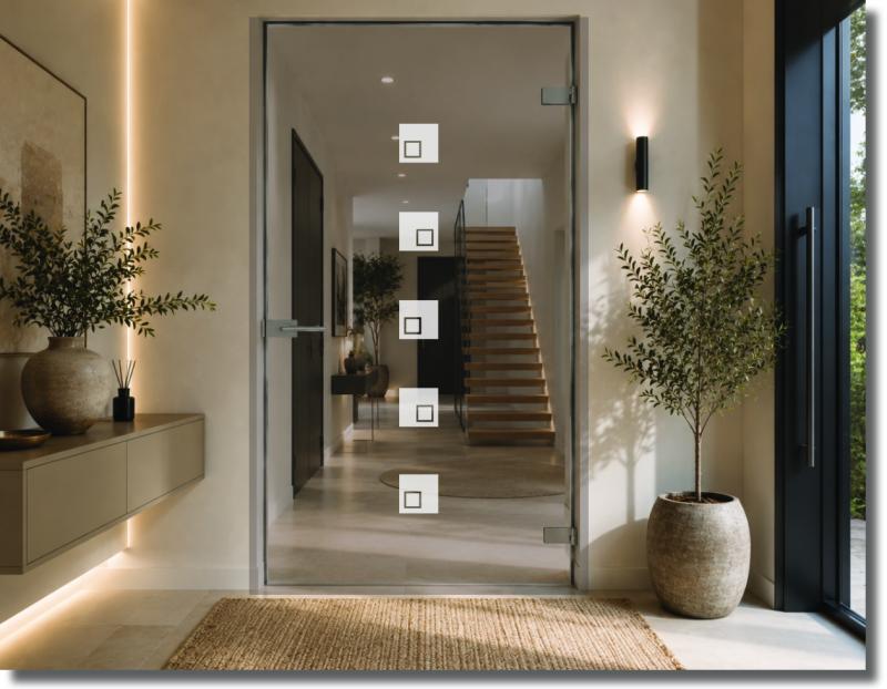 Glastür Folie mit fünf gleichmäßig angeordneten Quadratmotiven und kleineren Innenquadraten für moderne und geradlinige Wohnräume.